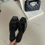 Elegant Polka Dot Satin Slippers With Square Toe And Butterfly Knot