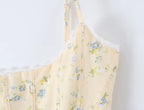 Sunlit Yellow Floral Corset Top With Lace Trim And Delicate Spaghetti Straps