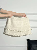 Patchwork Knit Mini Skirt With High Waist Ruffle And Hollow Out Details