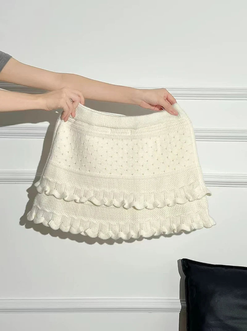 Patchwork Knit Mini Skirt With High Waist Ruffle And Hollow Out Details