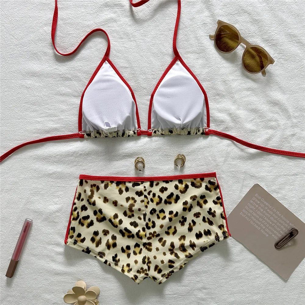 Leopard Print Halter Bikini Set With Triangle Top And Low Rise Bottoms For Women Flirty Sunlit Vacations