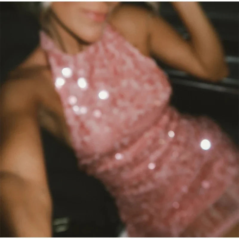 Glam Sequin Halter Mini Dress Backless Party Gown