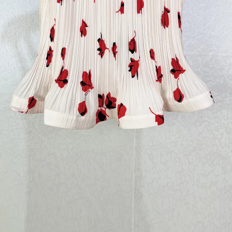 Pleated Red Print High Waist Midi Skirt And Sleeveless