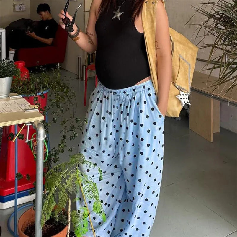 Polka Dot Wide Leg Pants For Women With Elastic Waist Trousers
