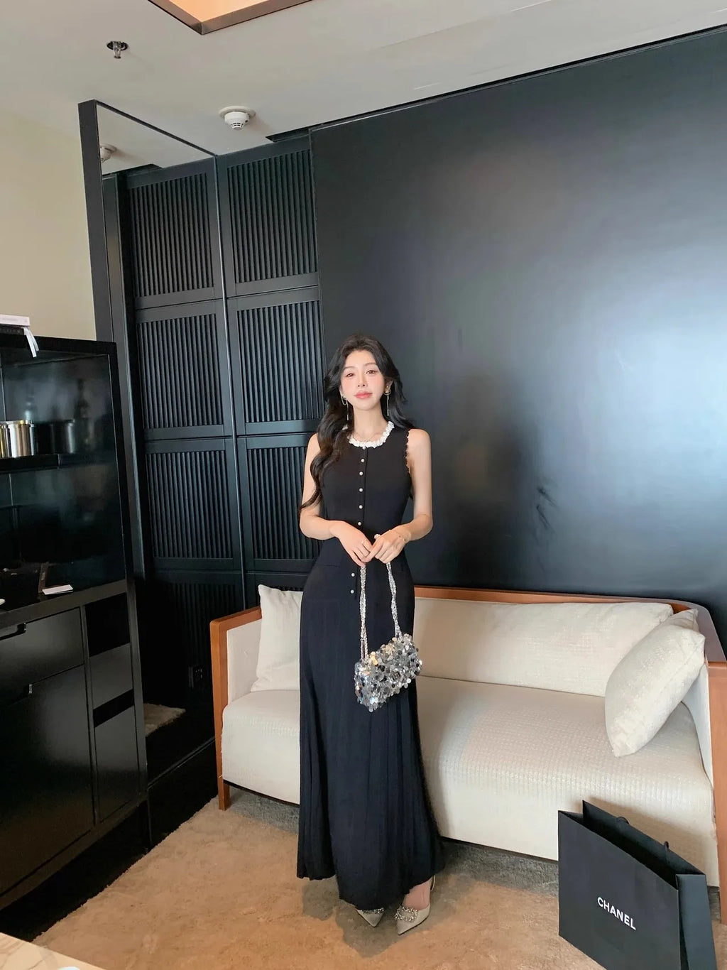 Floral Pearl Knit Maxi Dress Sleeveless O-Neck With Pleated Details