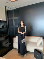 Floral Pearl Knit Maxi Dress Sleeveless O-Neck With Pleated Details