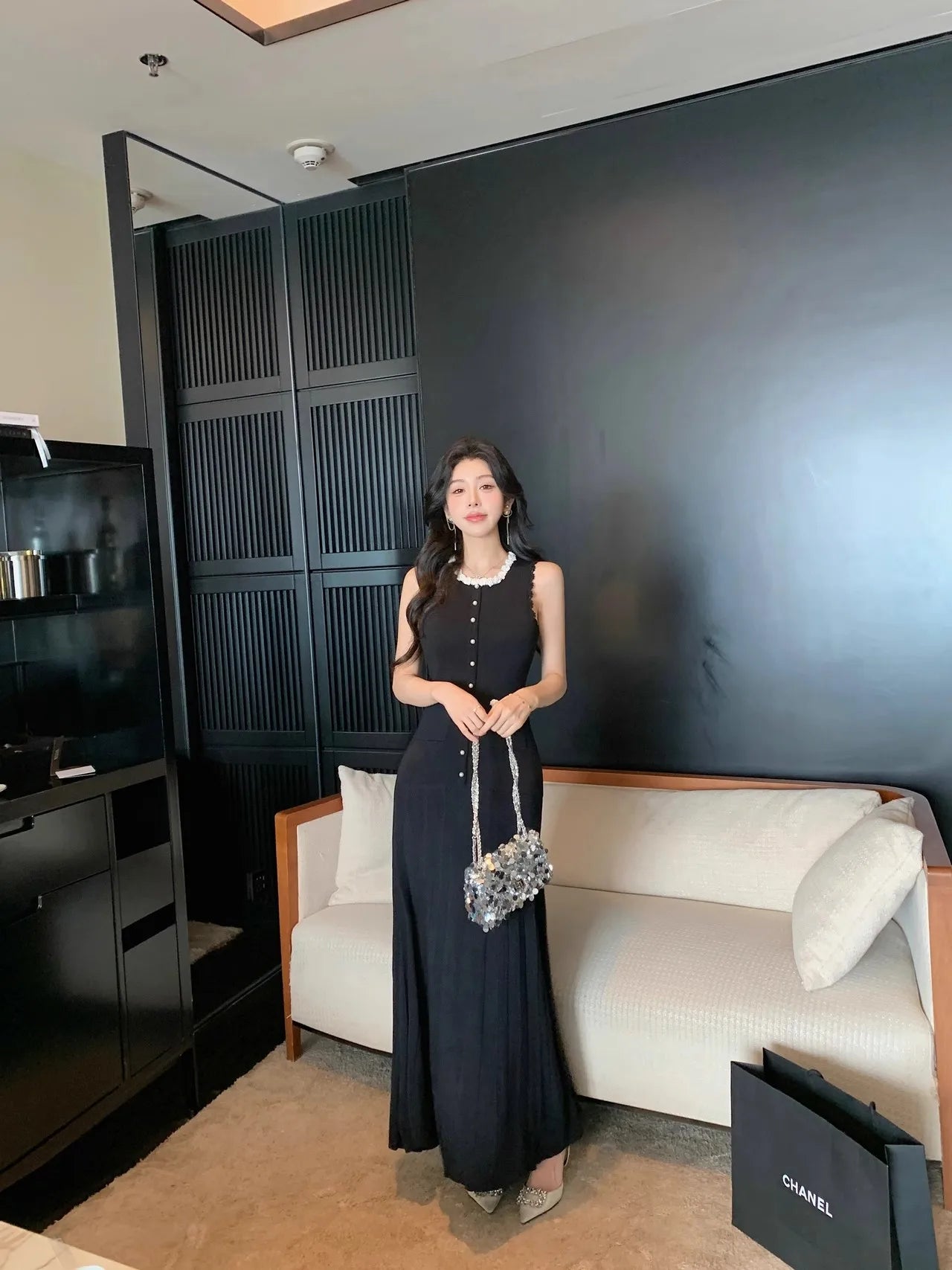 Floral Pearl Knit Maxi Dress Sleeveless O-Neck With Pleated Details