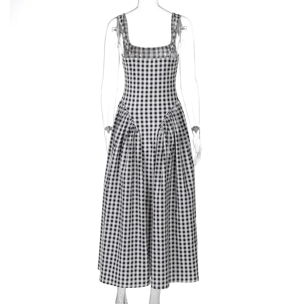 Gingham Square Neck A-Line Midi Dress With Pockets