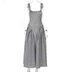 Gingham Square Neck A-Line Midi Dress With Pockets