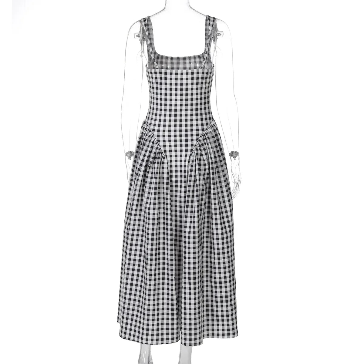 Gingham Square Neck A-Line Midi Dress With Pockets