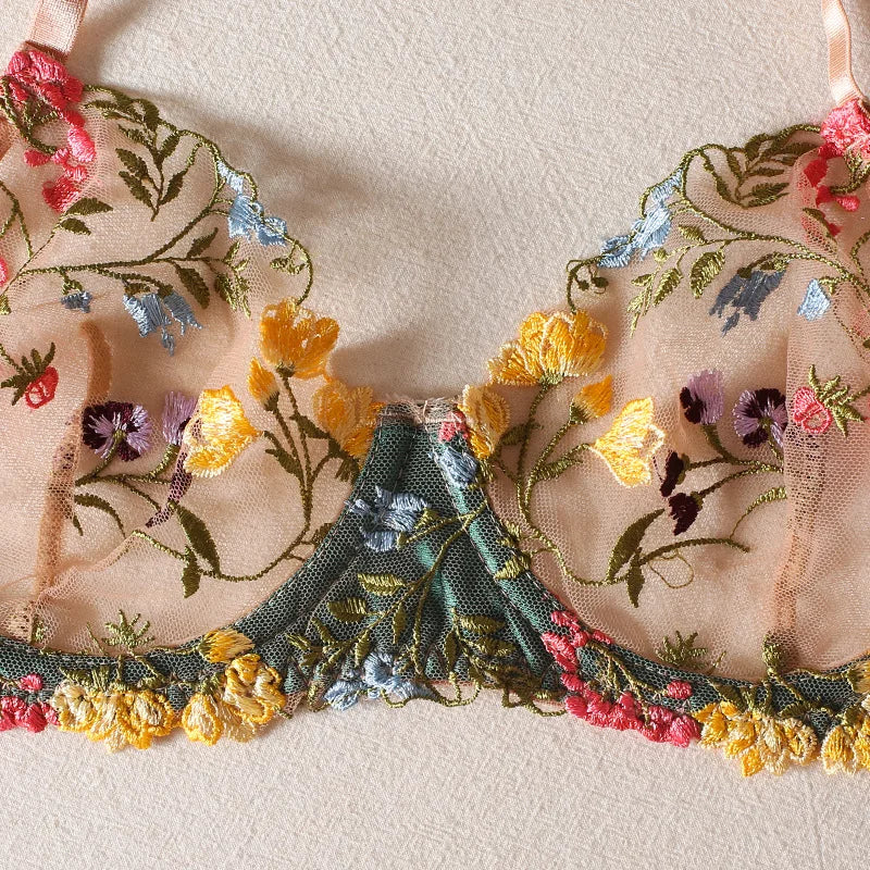 Countryside Embroidered Lingerie Set With Floral Patchwork Bra And Panty Details