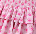 Flower Print Corset Ruched Elastic Body Sling Mini Square Collar Ruffles Hem Dress