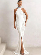 Elegant Backless Halter Ruched Long Dress With Striped Detailing