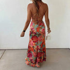 Floral Backless Tie Dress With Pleats