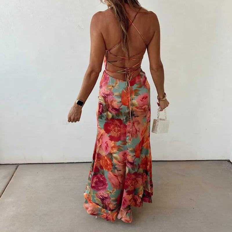 Floral Backless Tie Dress With Pleats