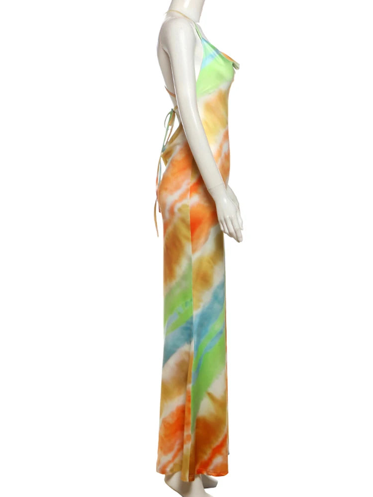 Colorful Swing Collar Maxi Dress With Metal Chain Backless