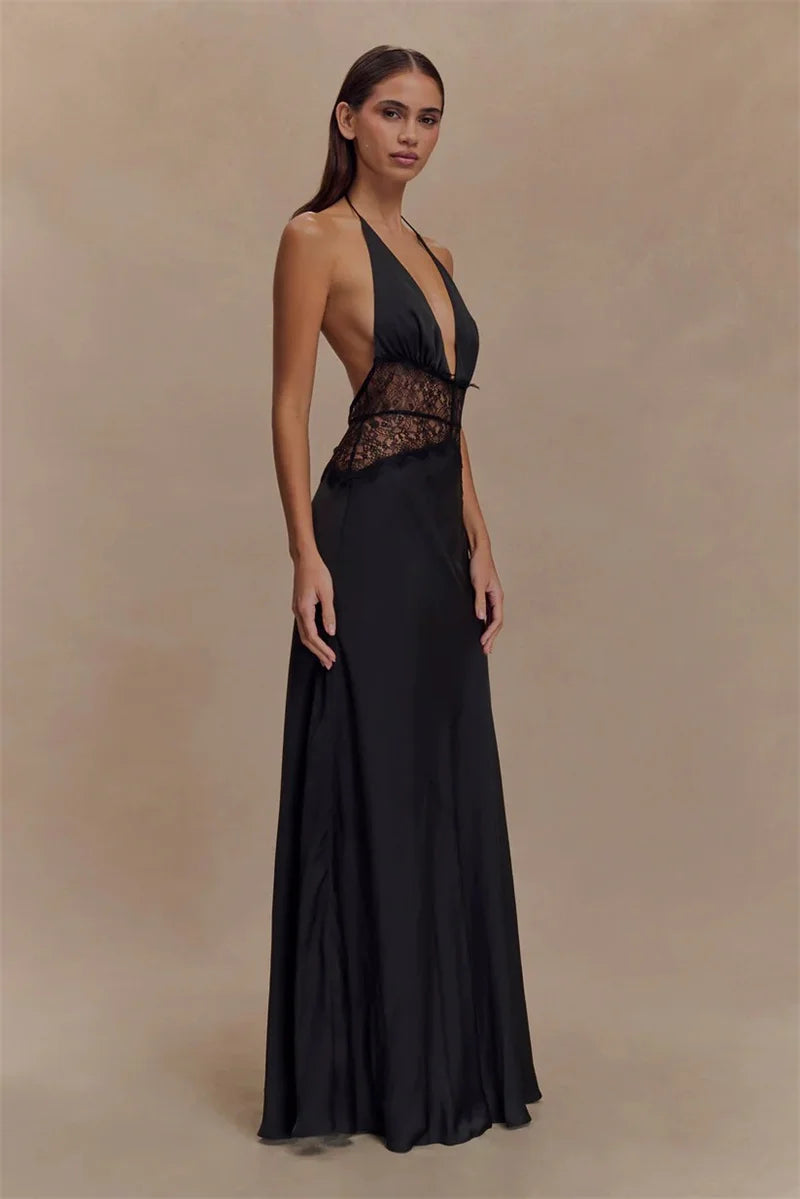Backless Maxi Gown With Patchwork Lace Halter Neck Deep V And High Waist Elegance
