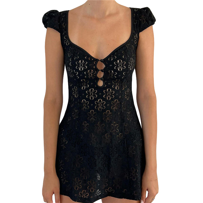Sheer Lace Mini Dress With V Neck Short Sleeves Hollow Details
