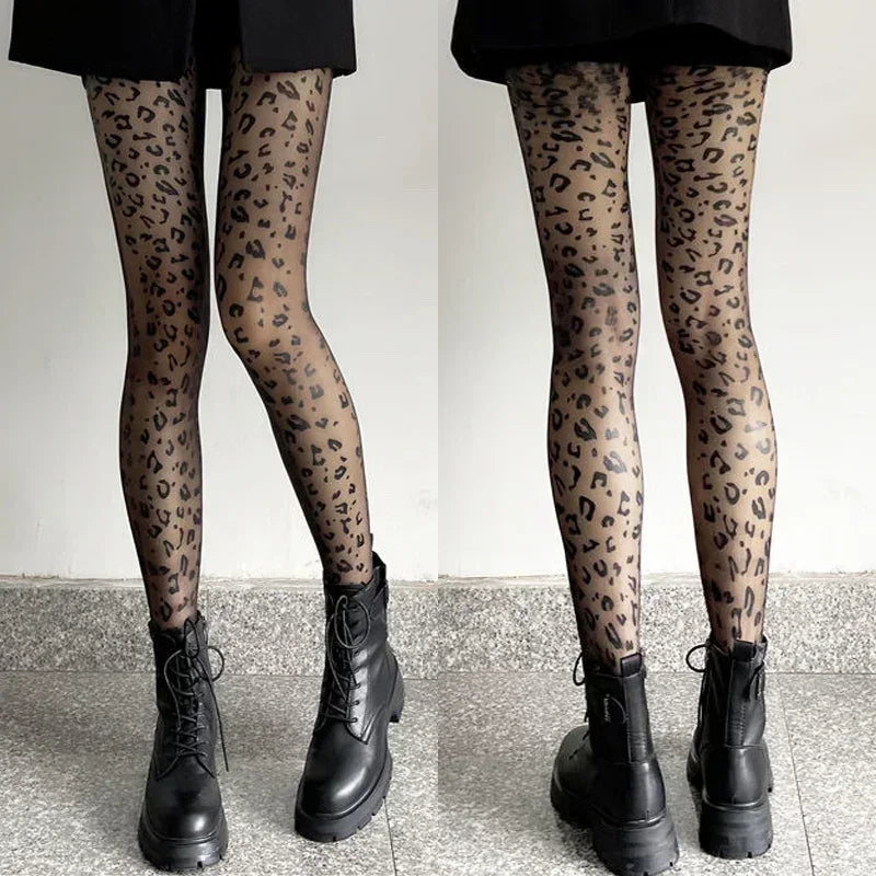 Gothic Leopard Sheer Stockings With Transparent Finish Seamless Pantyhose Edge