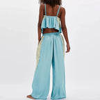 V-neck Sleeveless Top and Pants Outfit Lace Patchwork Women's Two Piece