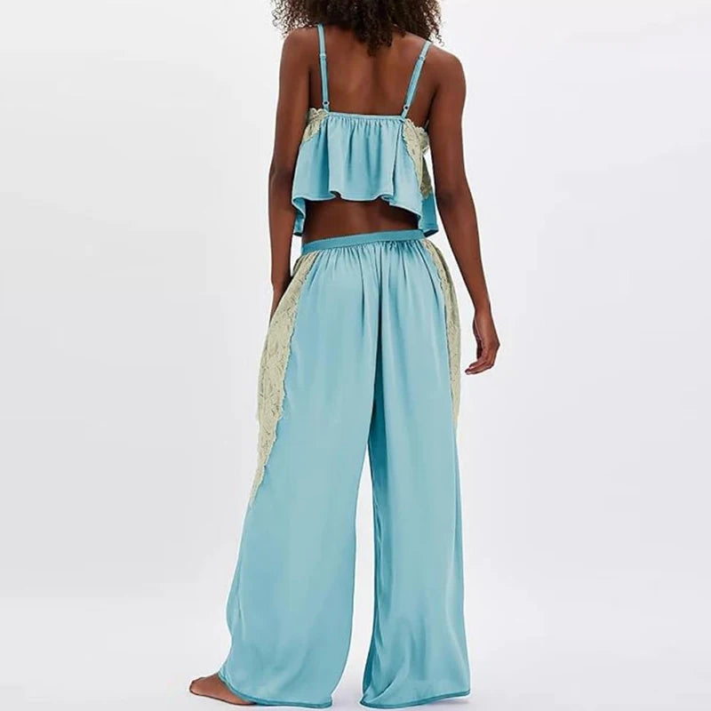 V-neck Sleeveless Top and Pants Outfit Lace Patchwork Women's Two Piece