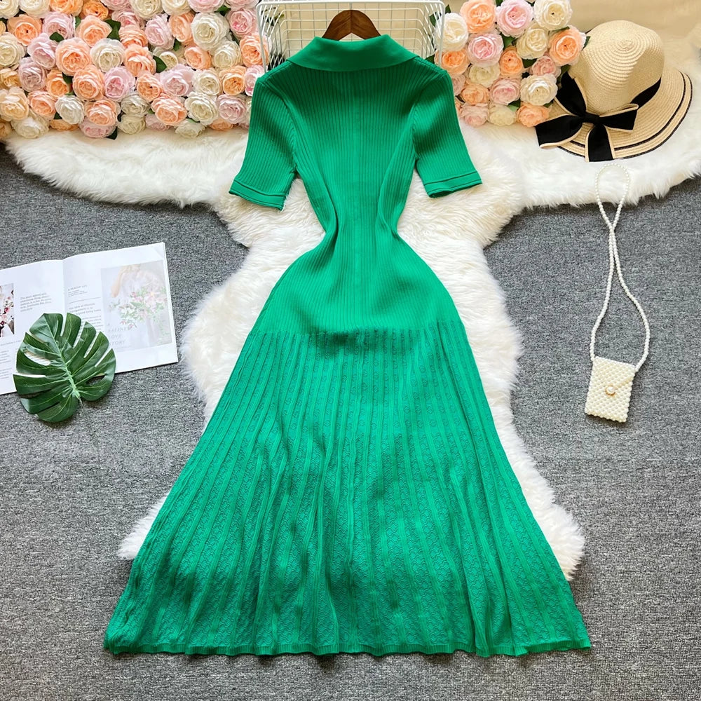 Vintage Inspired Turn Down Collar Knit Maxi Shirt Dress