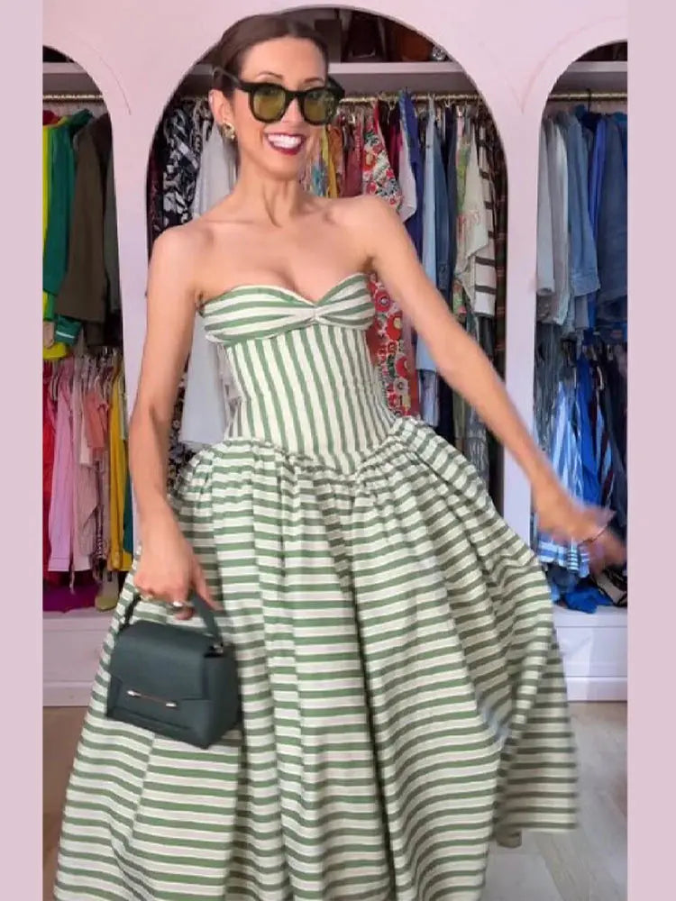 Striped Strapless Maxi Dress With Lace Up Waist Cinching Backless Gown