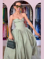Striped Strapless Maxi Dress With Lace Up Waist Cinching Backless Gown