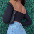 Hollow Out V Neck Ribbed Backless Crop Top With Long Sleeves And Square Collar