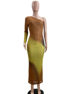 Long Maxi Dress With Skew Collar Full Sleeves Mesh See Through