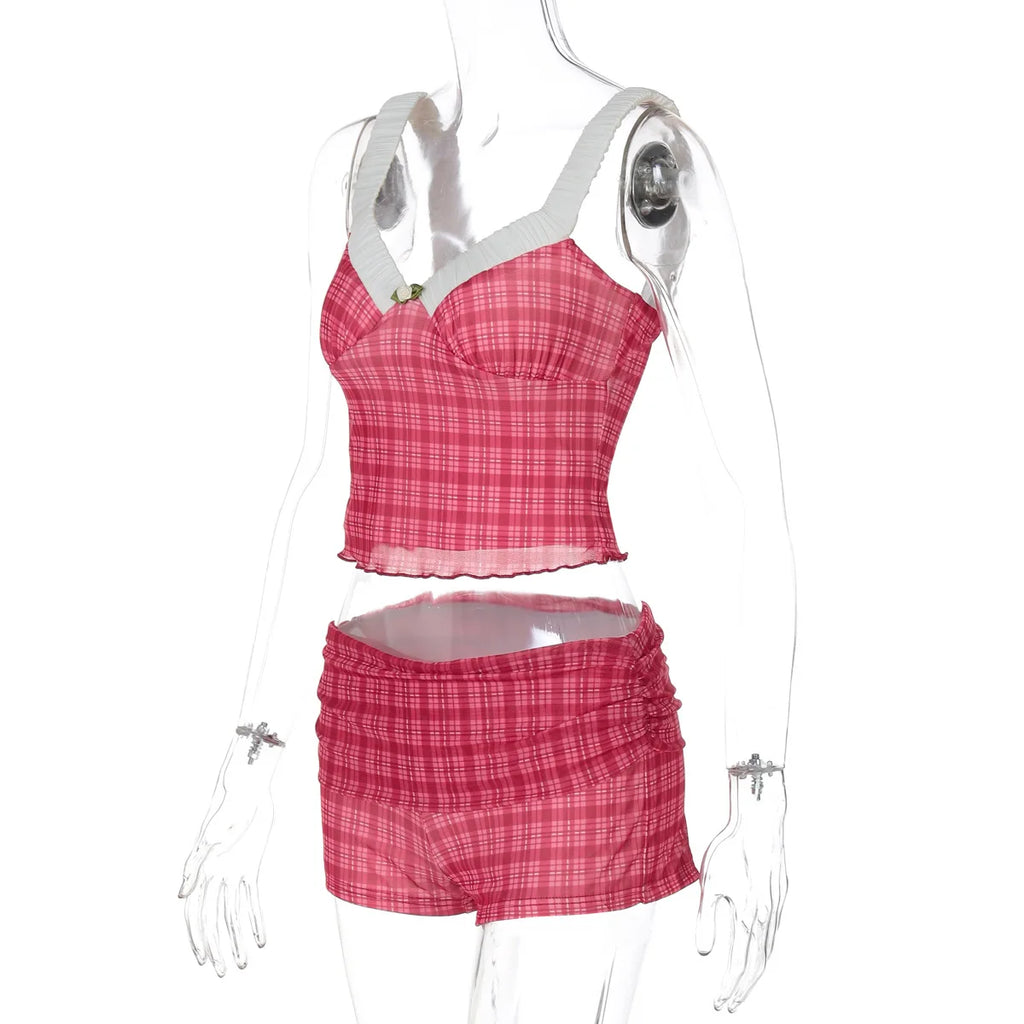 Coquette Plaid Set With Ruffle Trim Crop Top High Waist Shorts