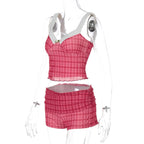 Coquette Plaid Set With Ruffle Trim Crop Top High Waist Shorts