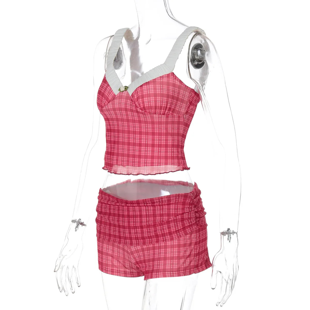 Coquette Plaid Set With Ruffle Trim Crop Top High Waist Shorts