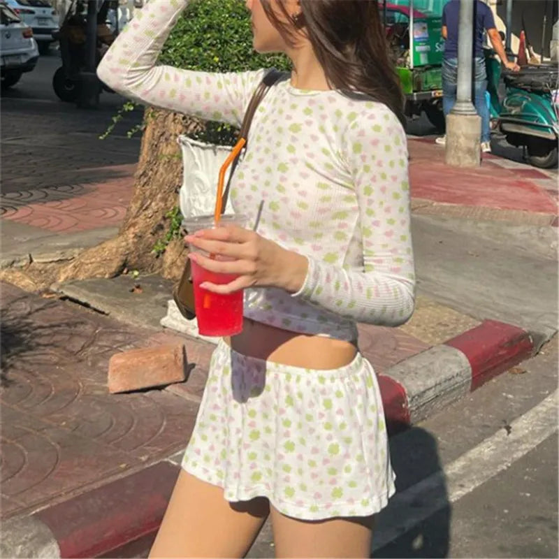 Floral Knit Pajama Set With Crop Top And Low Waist Shorts