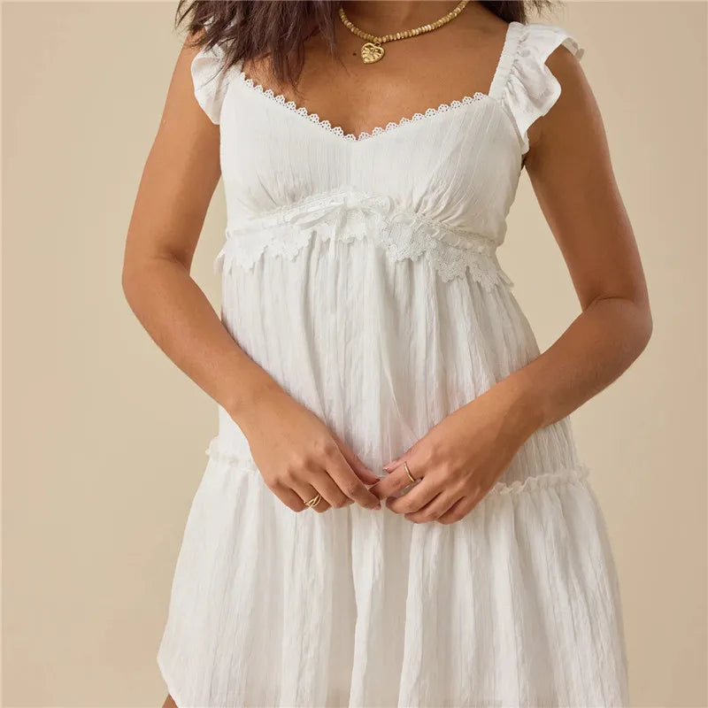 Women's Ruffle Sleeve Lace Trim Babydoll Mini Dress V Neck Tiered Swing with Smocked Back