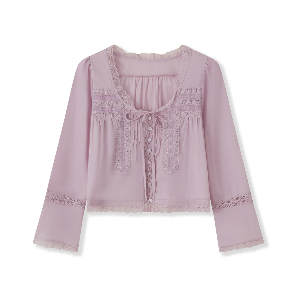 Dreamy Lace Patchwork Sheer Long Sleeve Blouse With Square Neck And Tie Front Crop Top