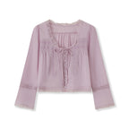 Dreamy Lace Patchwork Sheer Long Sleeve Blouse With Square Neck And Tie Front Crop Top