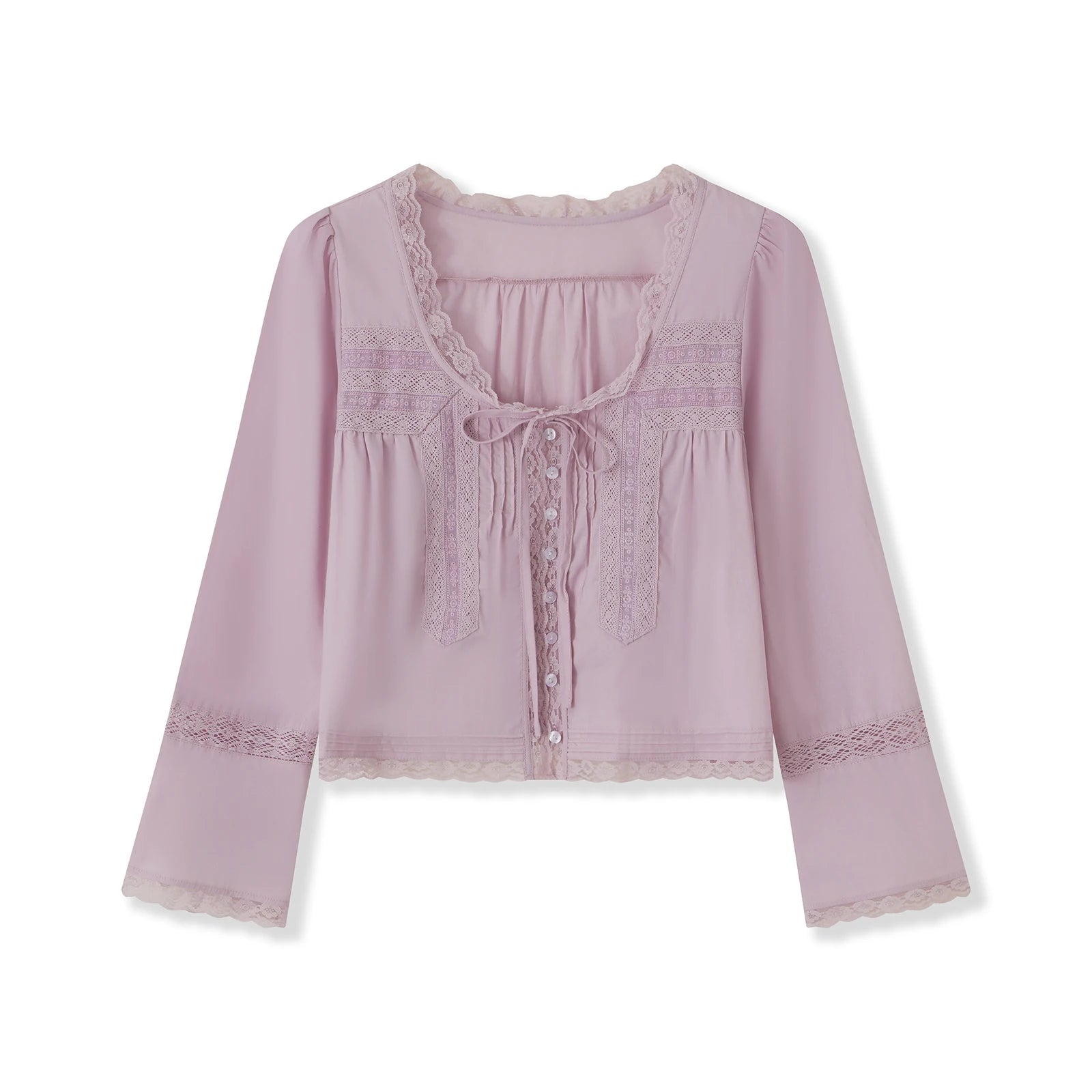 Dreamy Lace Patchwork Sheer Long Sleeve Blouse With Square Neck And Tie Front Crop Top