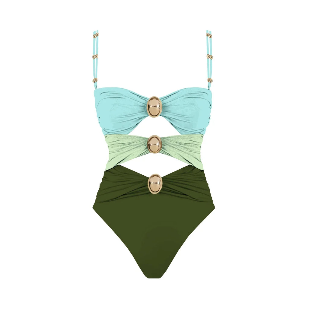 Off Shoulder Patchwork Belted One Piece Swimsuit With Cover Up for Beachside