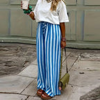 Relaxed Striped Pants For Women With Elastic Waist And Lace Up Detail Wide Leg Straight Trousers