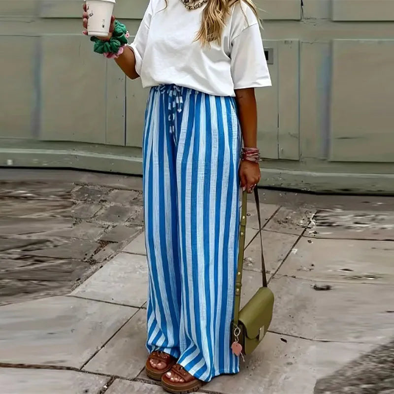Relaxed Striped Pants For Women With Elastic Waist And Lace Up Detail Wide Leg Straight Trousers