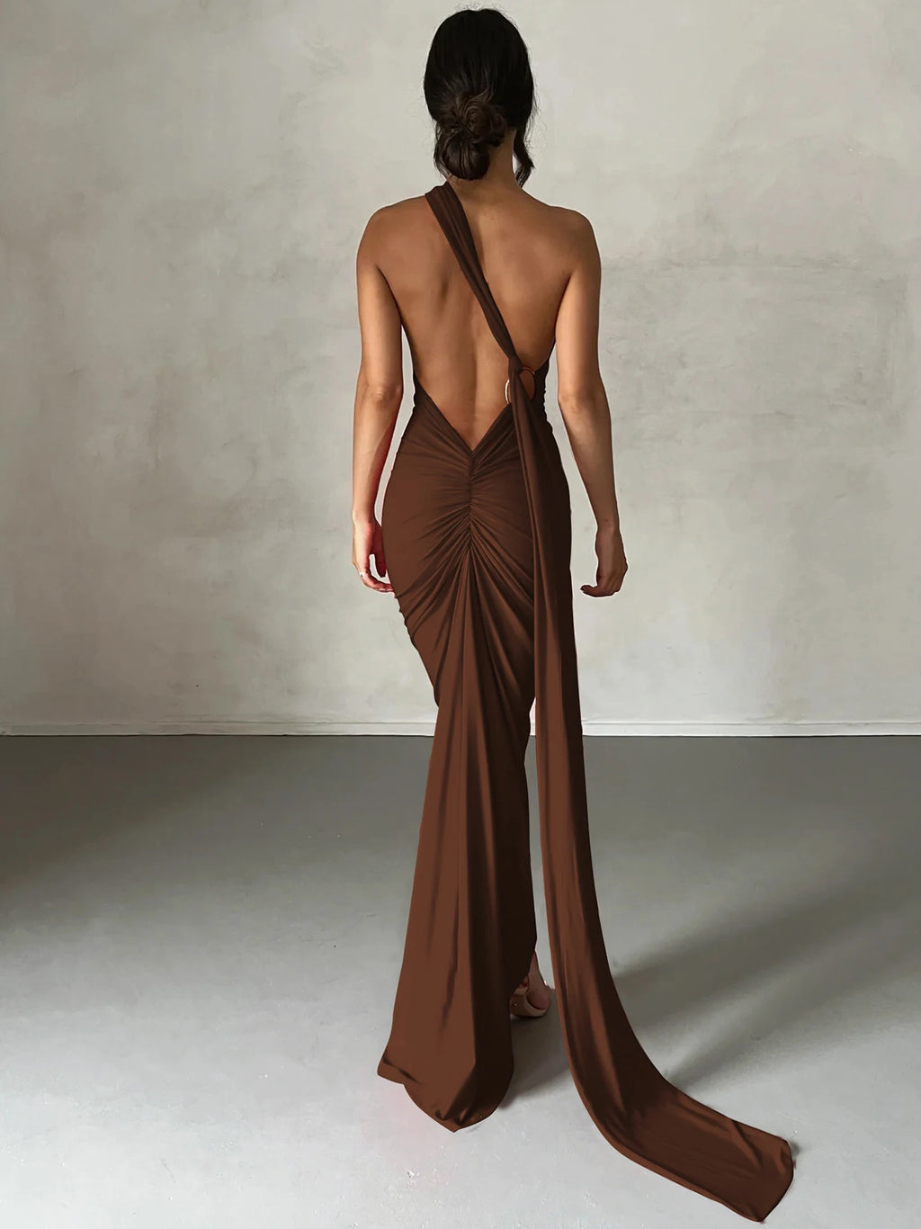 One Shoulder Backless Ruched Dress