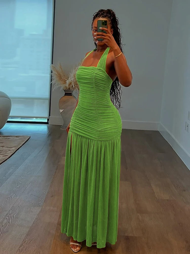 Nibber See Through Hem Halter Maxi Dress Backless Patchwork Bodycon