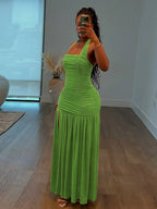 Nibber See Through Hem Halter Maxi Dress Backless Patchwork Bodycon