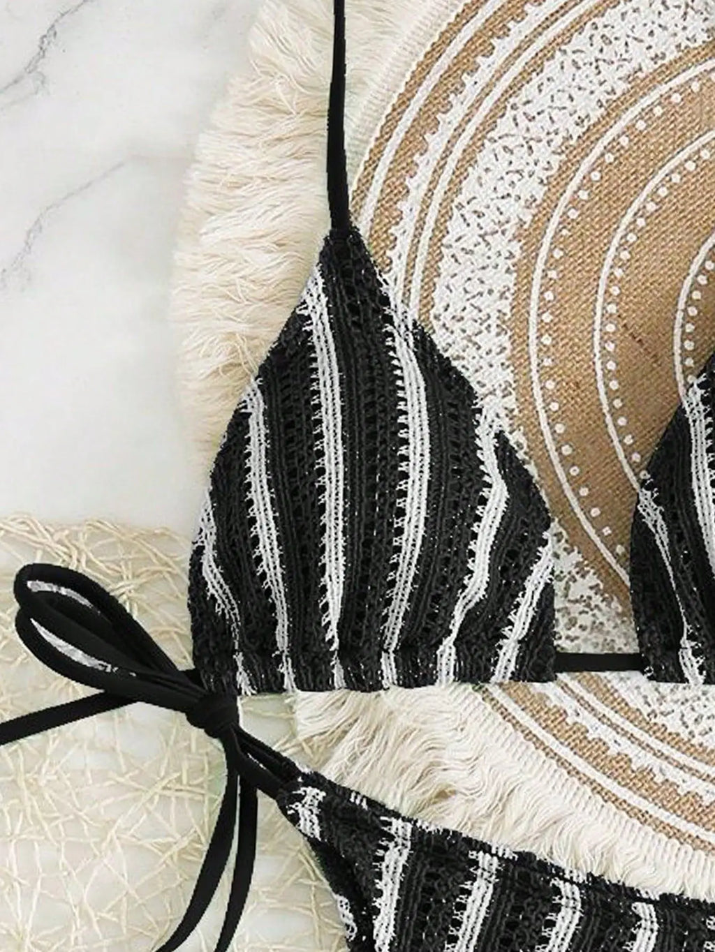 Retro Striped 3 Pieces Knitted Mesh String Bikini Set Swimsuit