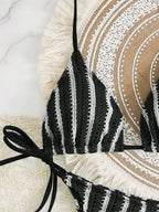 Retro Striped 3 Pieces Knitted Mesh String Bikini Set Swimsuit