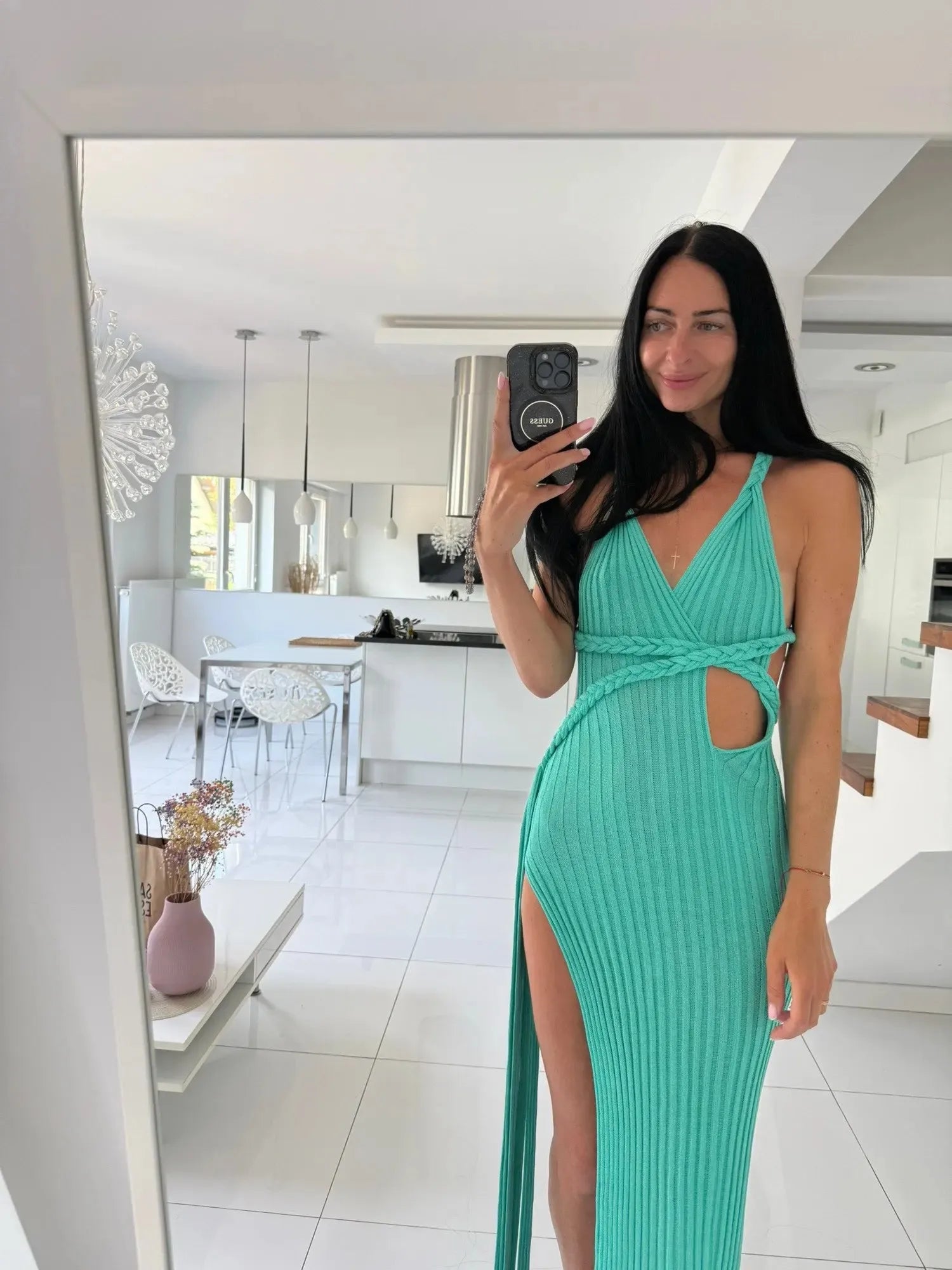 Elegant Beach Knit Maxi Dress With Side Slit V Neck Open Back