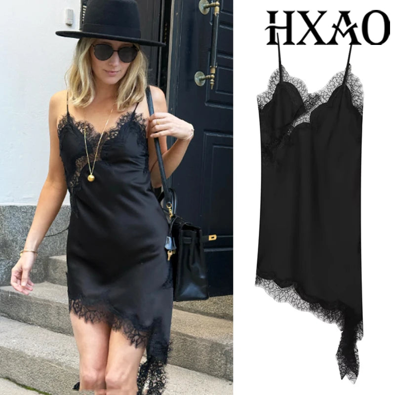 Satin Elegant Backless Lace Slip Dress
