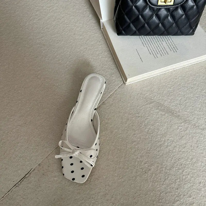 Elegant Polka Dot Satin Slippers With Square Toe And Butterfly Knot