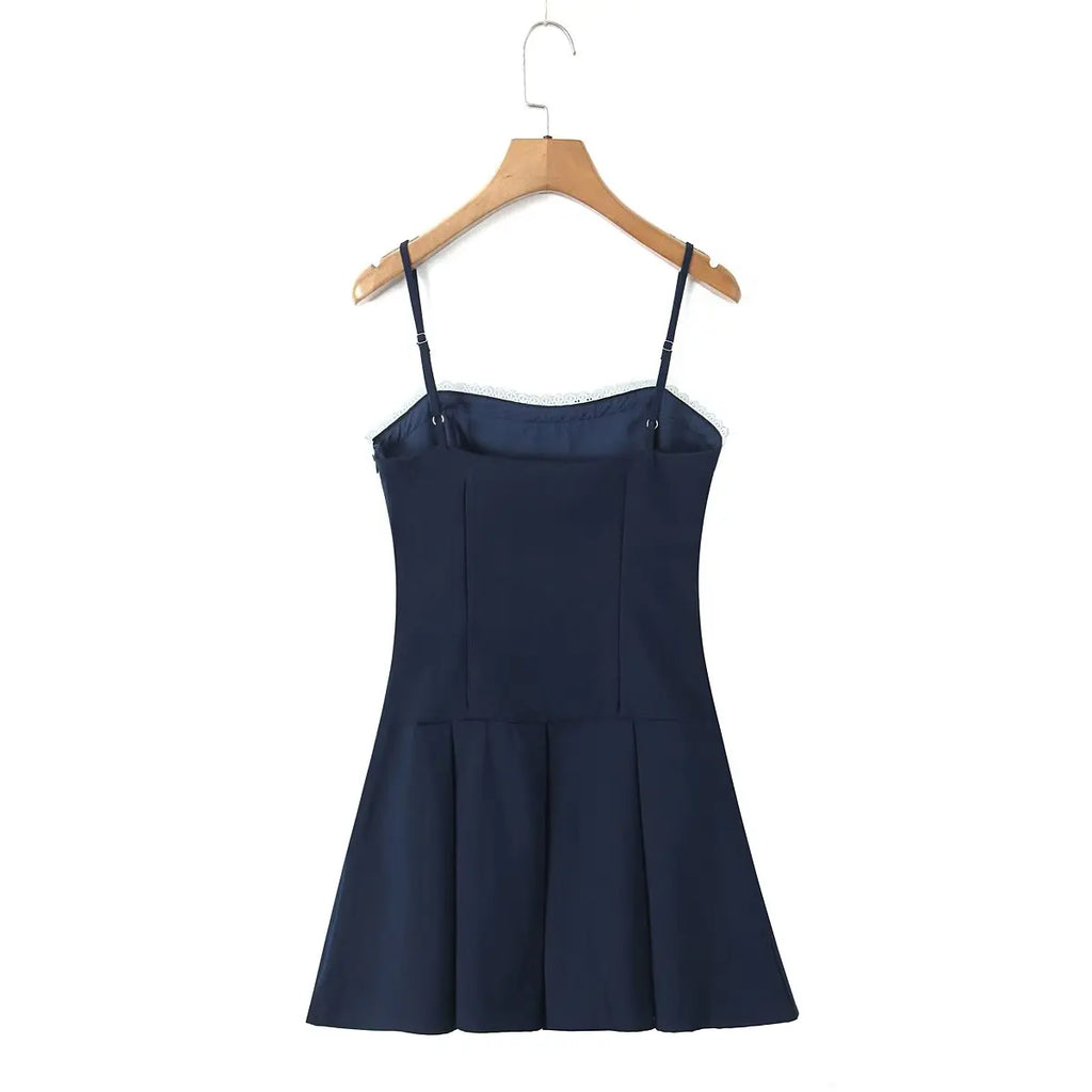 Lace Patchwork Sling Mini Dress For Women Sexy Low Waist Pleated Hem A-line